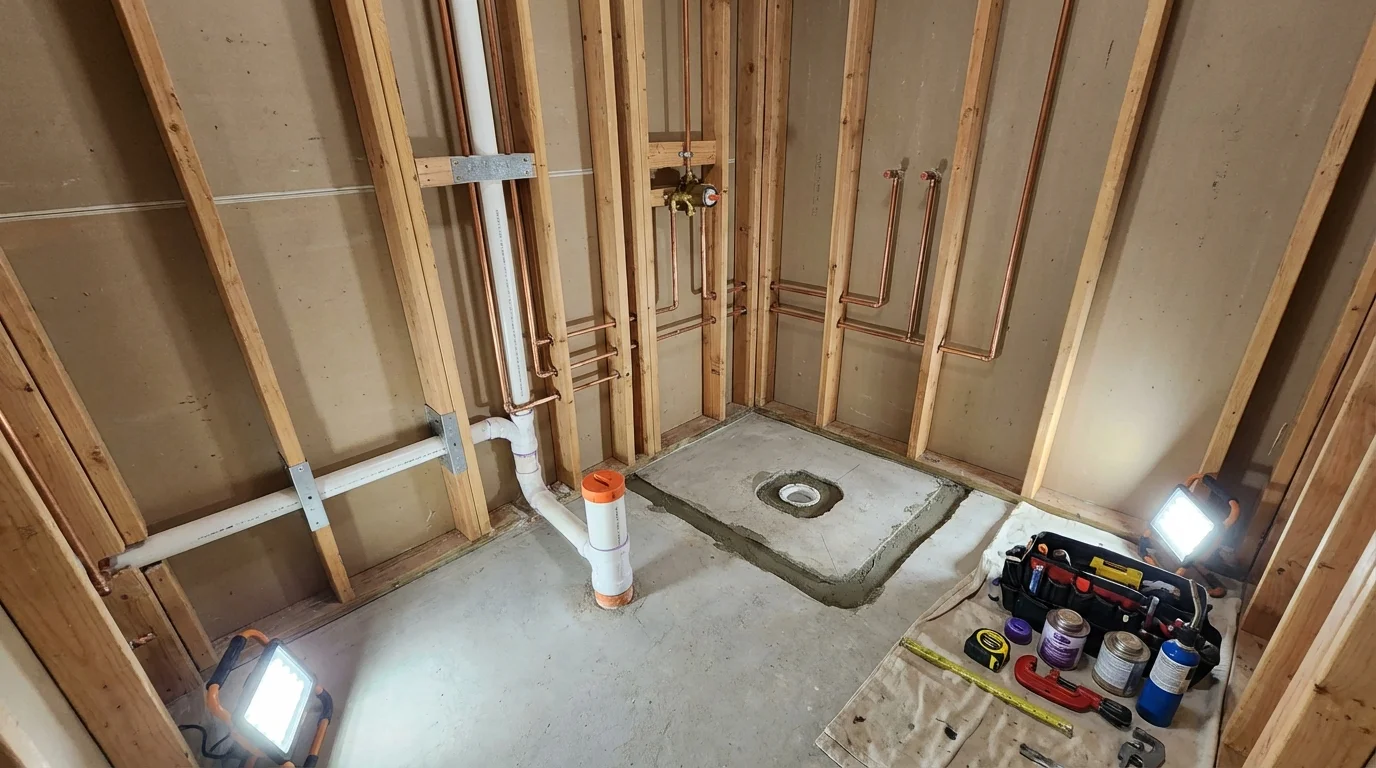 Bathroom rough-in plumbing during remodel by Johns Plumbing LLC in New Bloomfield