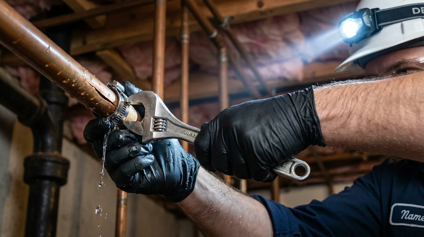 Emergency pipe clamp repair being performed by a Johns Plumbing LLC plumber in New Bloomfield
