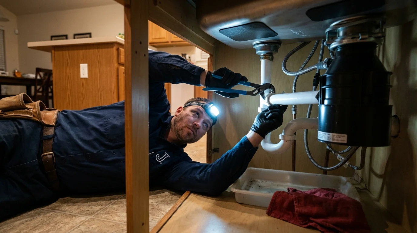 P-trap and supply line connections under a kitchen sink showing a common leak point in New Bloomfield, PA